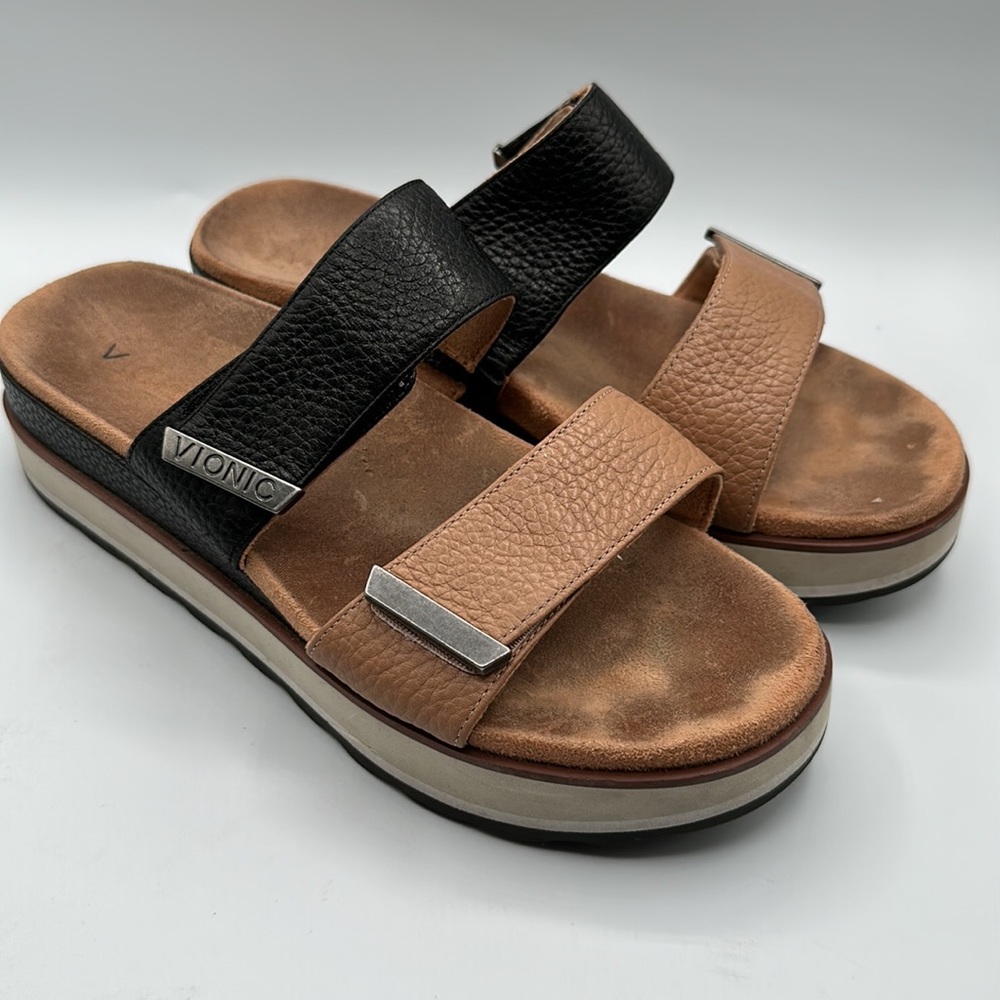 VIONIC Brandie Platform Slide Sandal brown/ Black strappy leather size 8